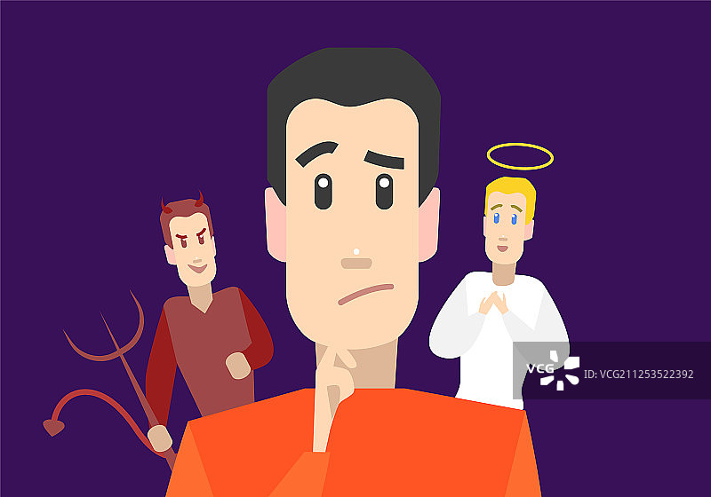 卡通人物：肩扛天使与恶魔的男人图片素材