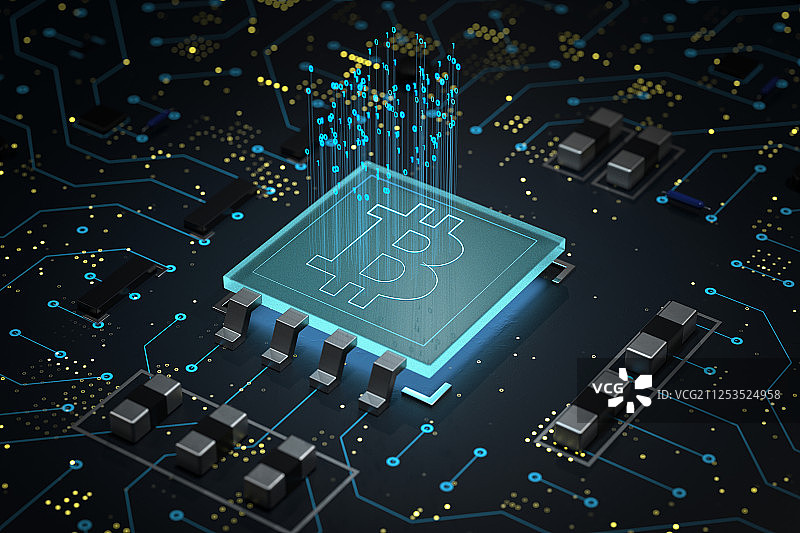 3D芯片上的比特币图片素材