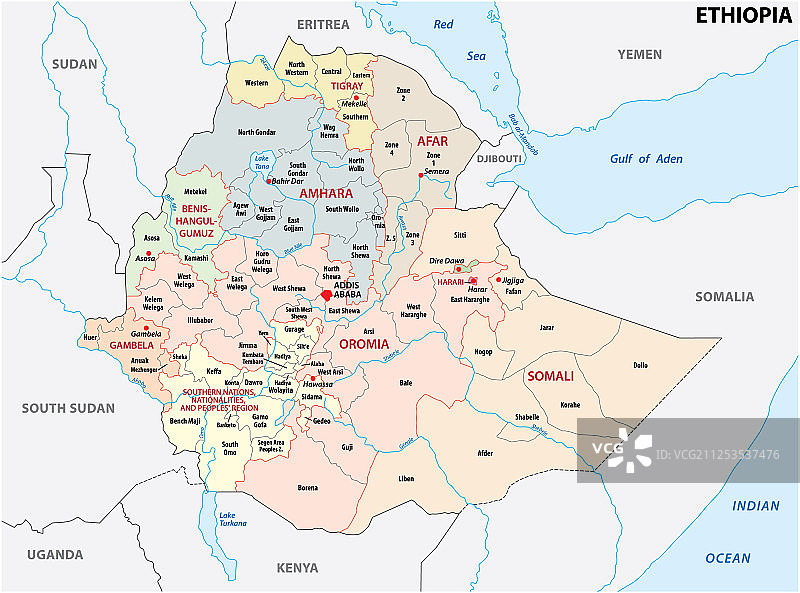 埃塞俄比亚行政区划和政治地图图片素材