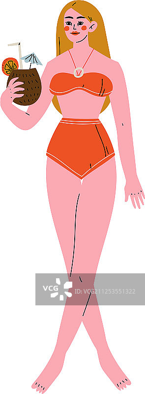 穿着红色比基尼，喝着鸡尾酒的美丽女孩图片素材