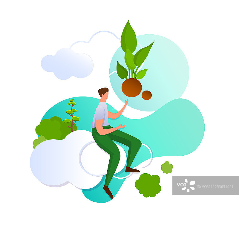 站在云端指向绿色幼苗的男人图片素材