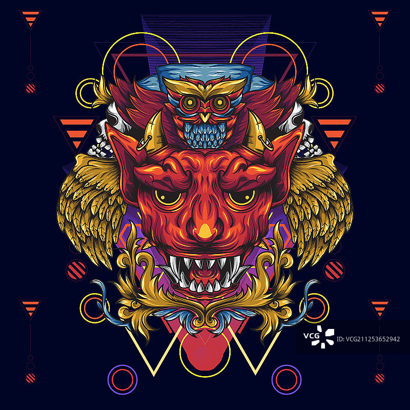 金色翅膀的恶魔与死亡之猫头鹰图案图片素材