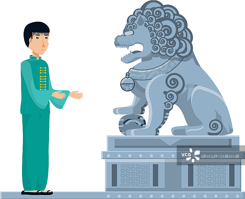 中国石狮雕像与男子隔离图标图片素材