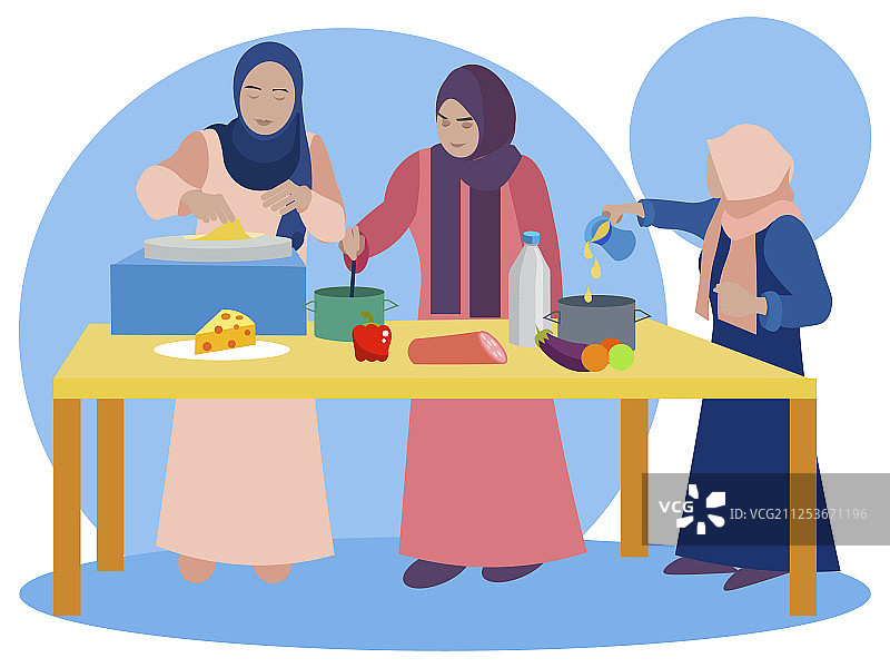 穆斯林妇女在厨房里烹饪教学图片素材