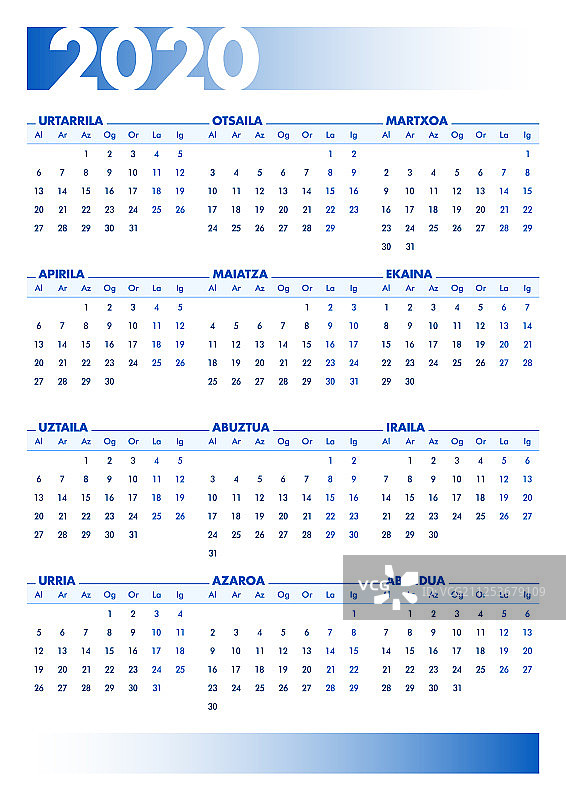 蓝色2020年巴斯克日历图片素材