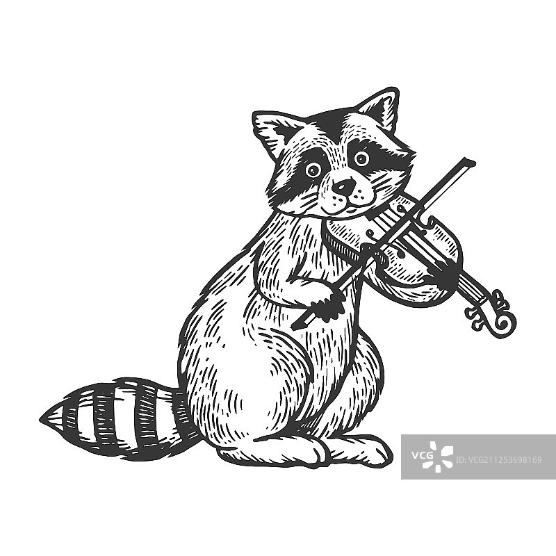 浣熊拉小提琴雕刻画图片素材