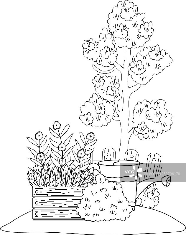 带花园和洒水器的树木植物图片素材