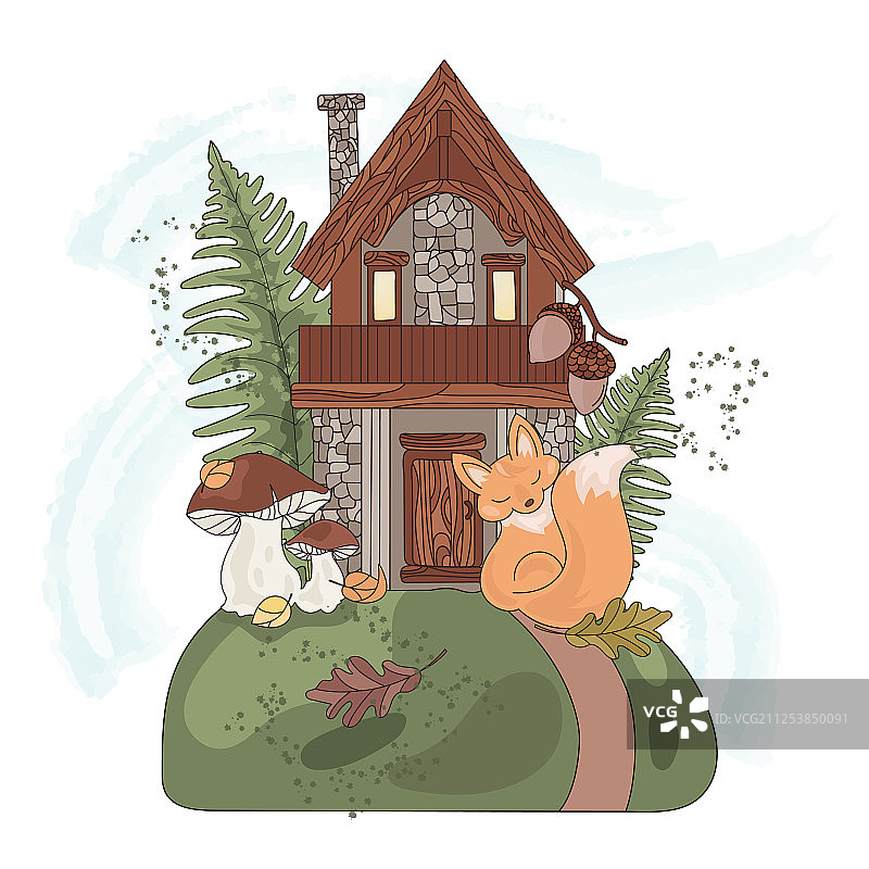 森林小屋秋季童话自然插画图片素材