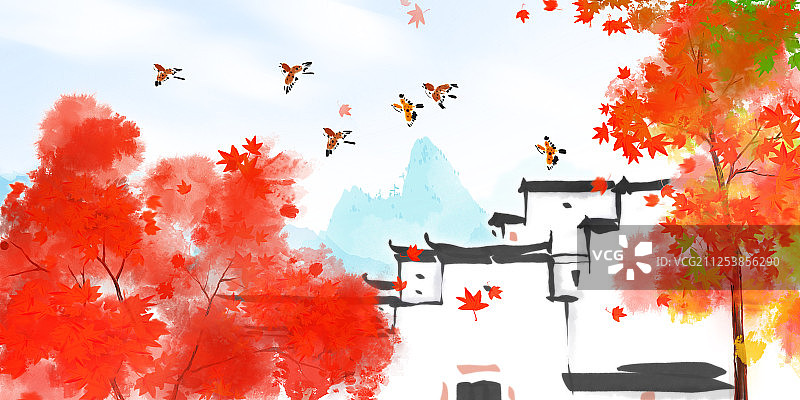 古典水墨画24节气霜降古镇红叶风景画图片素材