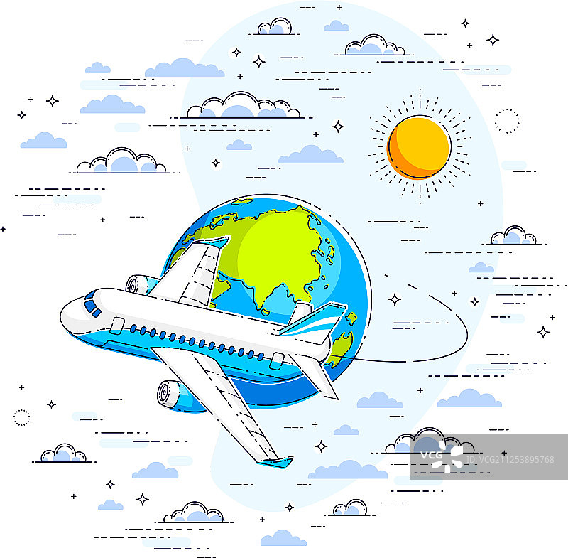 在天空飞行的地球行星客机图片素材