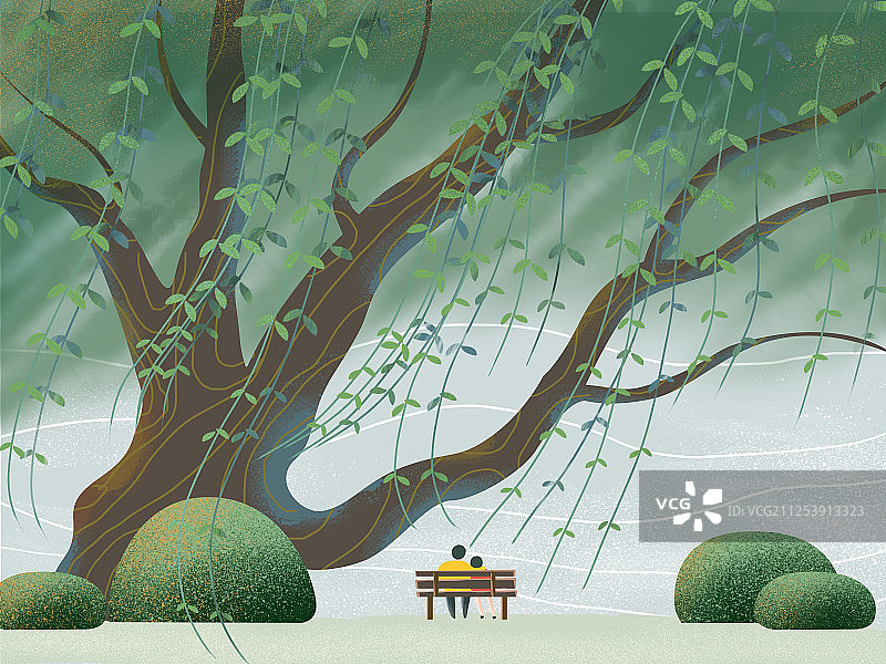 坐西湖边的情侣颗粒质感插画图片素材