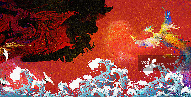 国潮高端凤凰水墨流云晕染插画图片素材