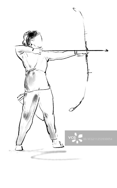 会女子射箭水墨插画图片素材