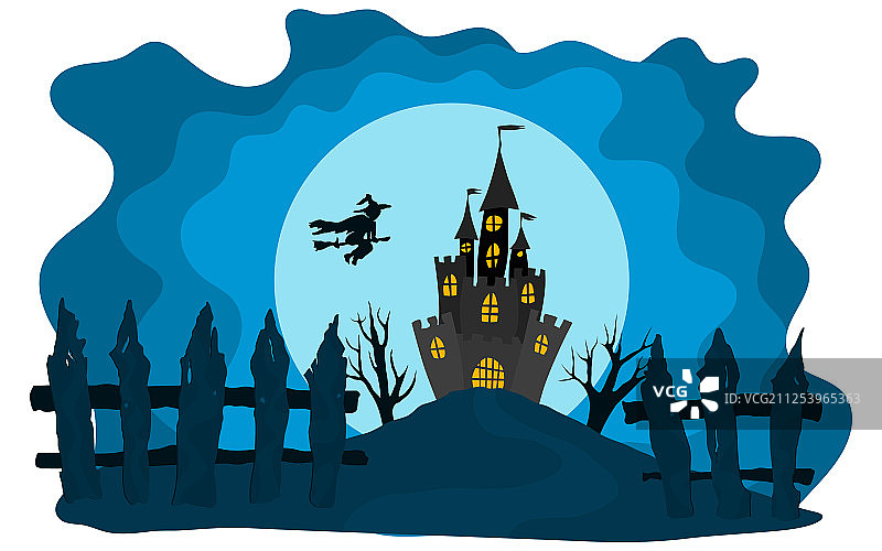 蓝色背景下的万圣节城堡、月亮和女巫图片素材