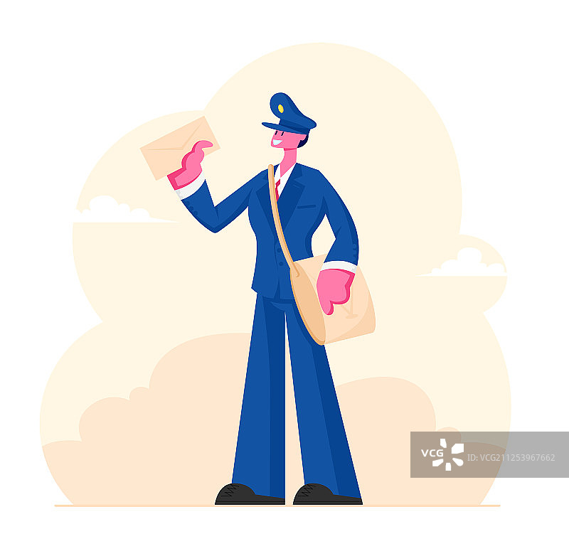身穿制服和帽子，快乐的邮递员角色图片素材