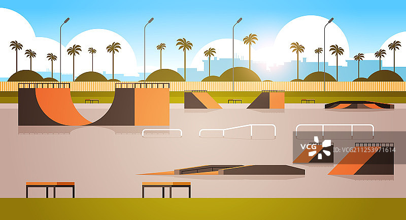 空旷的公共滑板公园与各种坡道图片素材