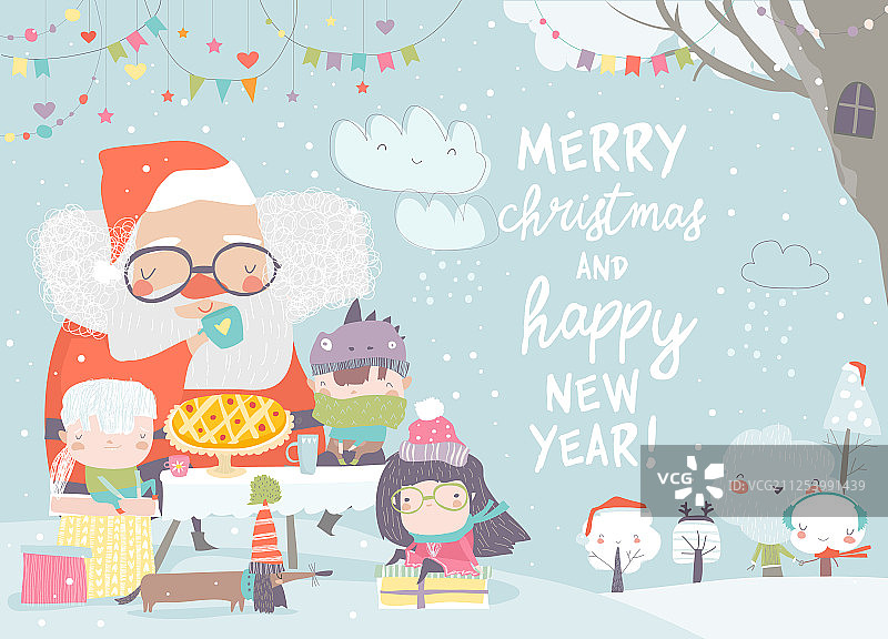 圣诞老人和快乐的孩子们一起喝茶图片素材
