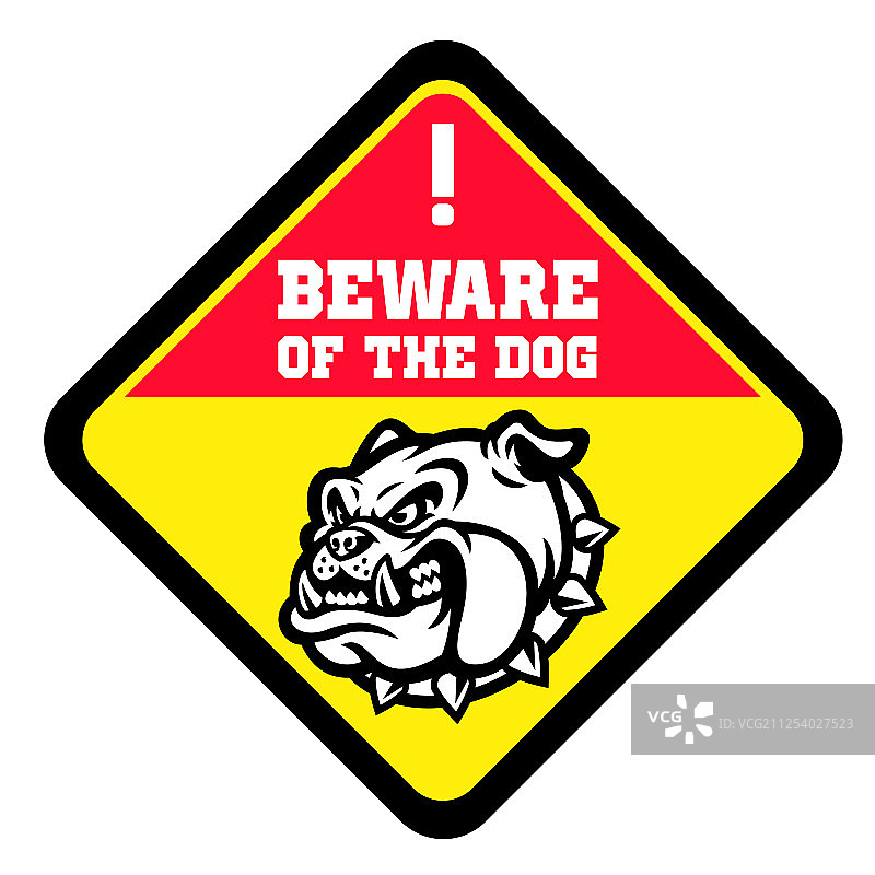 当心恶犬标志，带愤怒的斗牛犬头图片素材