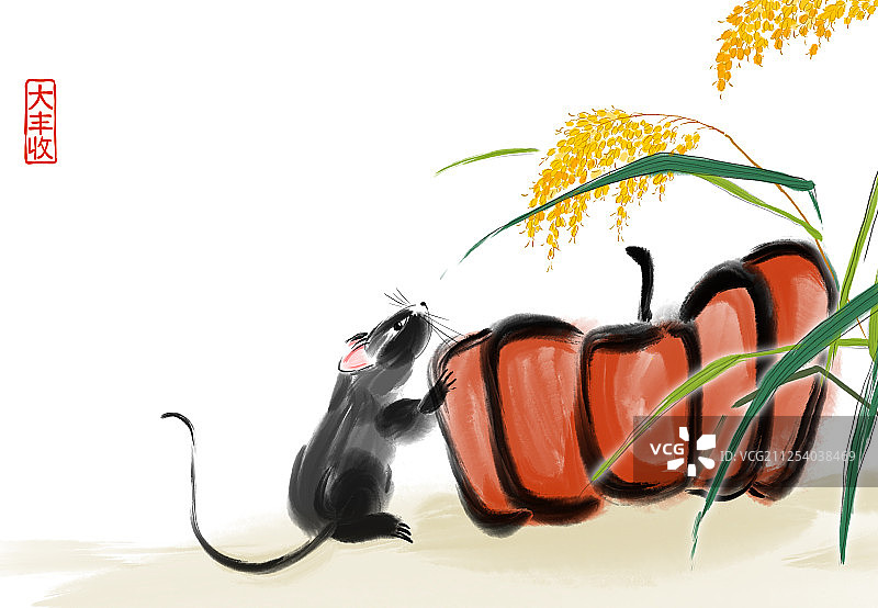 中国水墨插画鼠年吉祥题材大丰收图片素材