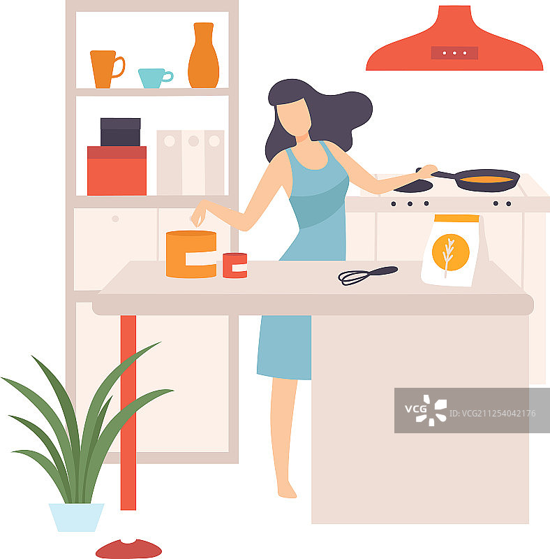 女人在平底锅里做饭图片素材