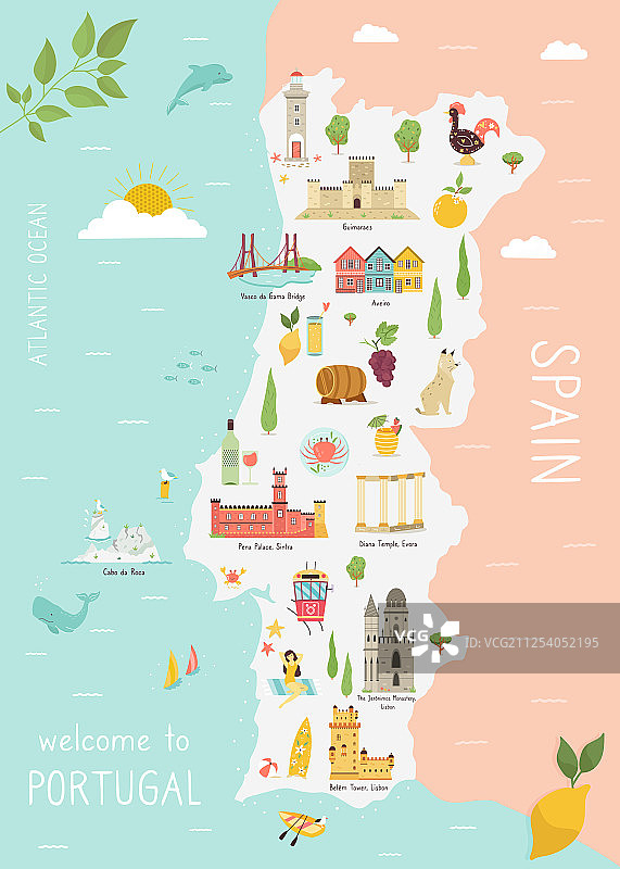 带有城市图标的葡萄牙地图图片素材