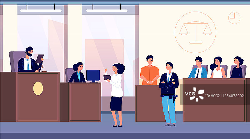 法庭法官律师和罪犯与警察图片素材