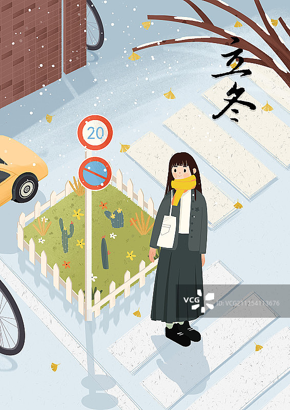 寒冷的天气里站在人行道上驻足观望的戴围巾女孩图片素材