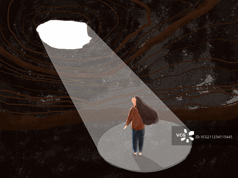 一束光照在山洞里的女孩身上图片素材
