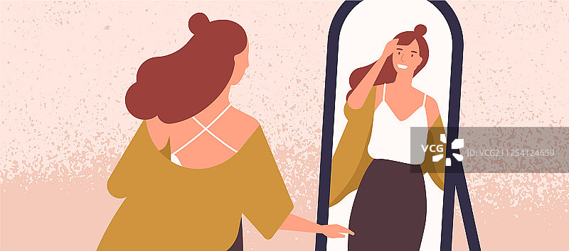 美女照镜子扁平风格图片素材
