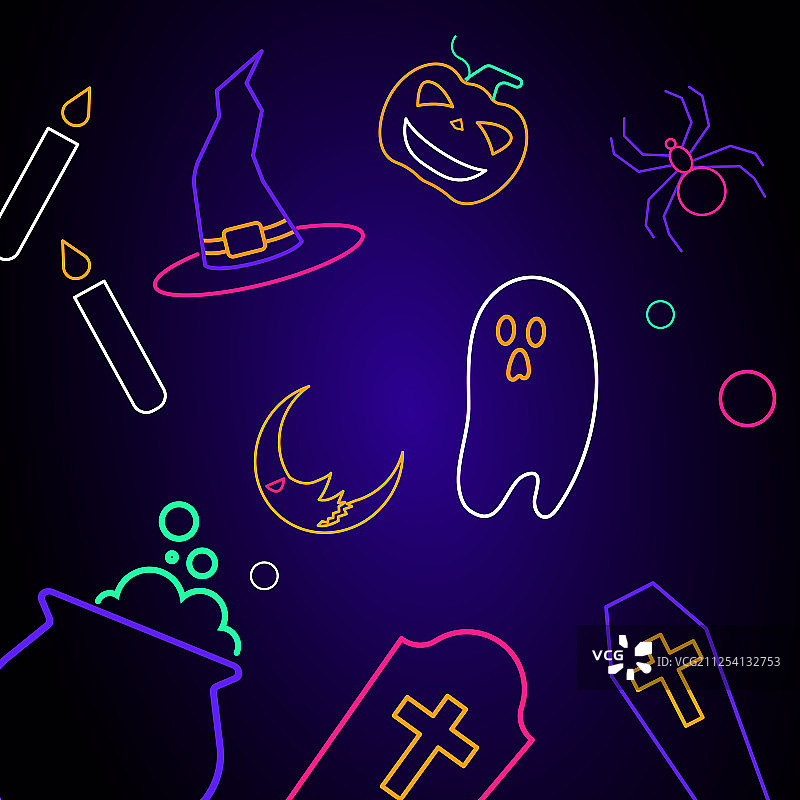万圣节魔法女巫南瓜线条图标奇幻抽象背景扁平插画图片素材