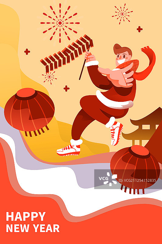 卡通手绘红色喜庆新年男孩放鞭炮闪屏插画图片素材