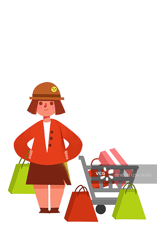 卡通手绘女生手推购物车电商购物网购海报闪屏插画图片素材