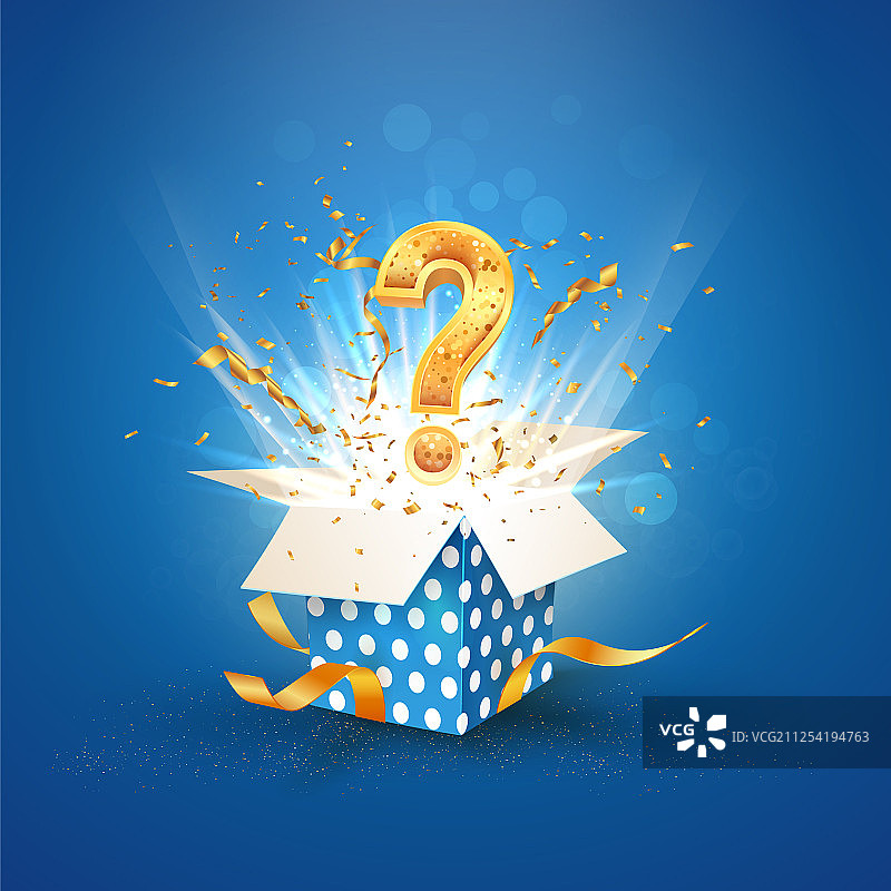 打开的蓝色纹理盒子，带有问号图片素材