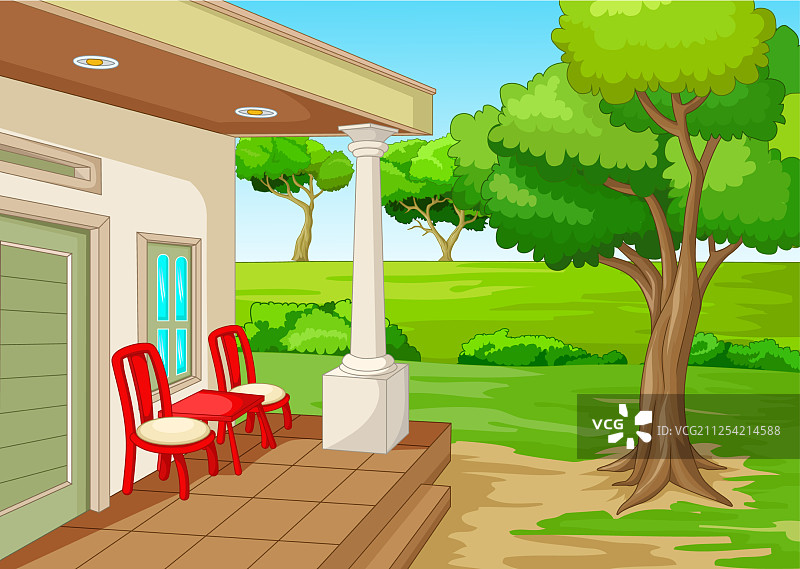 带草坡和后院的卡通风格凉爽露台图片素材