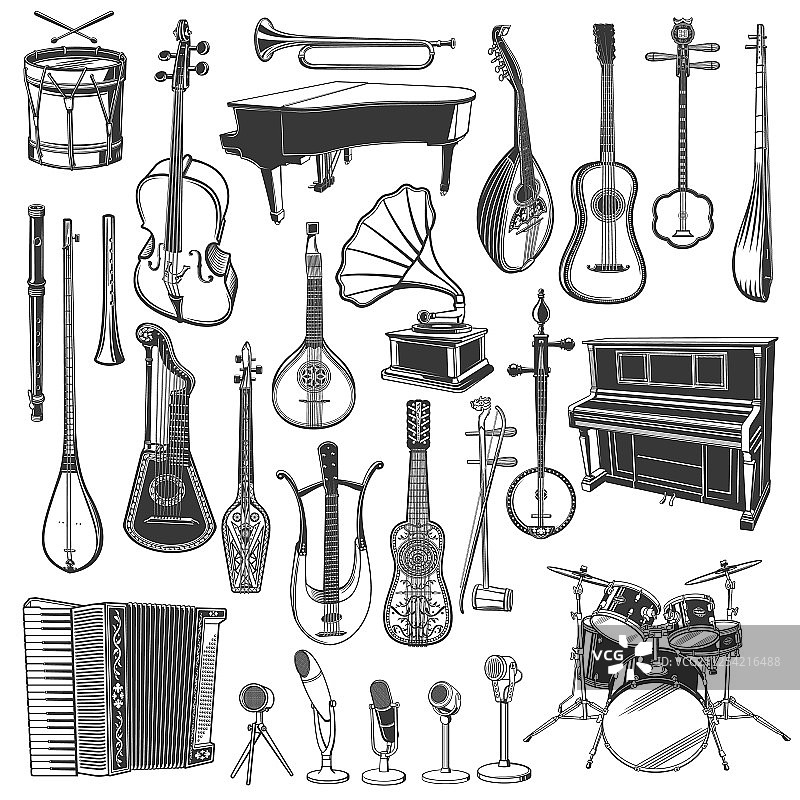 民族乐器和麦克风速写图片素材