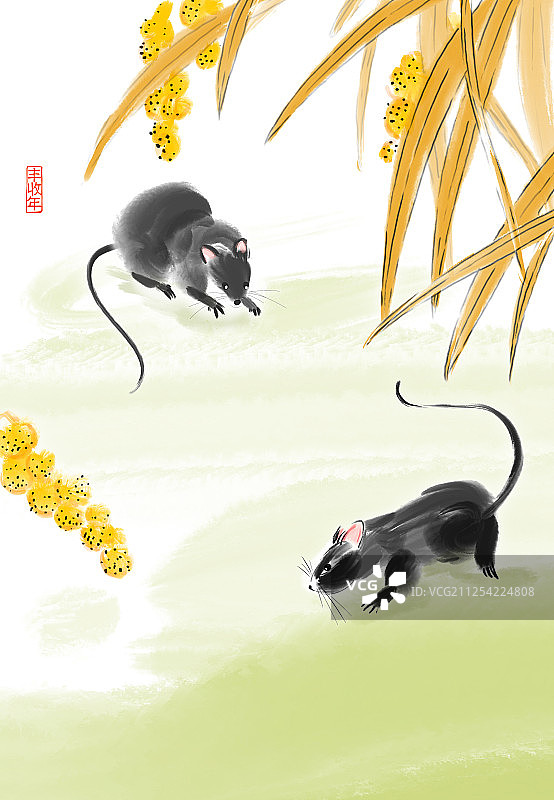 中国水墨插画鼠年吉祥题材丰收麦穗图片素材