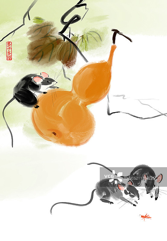 中国水墨插画鼠年吉祥题材葫芦老鼠图片素材