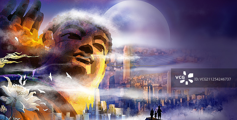 国潮之东方韵美城市与佛插画图片素材