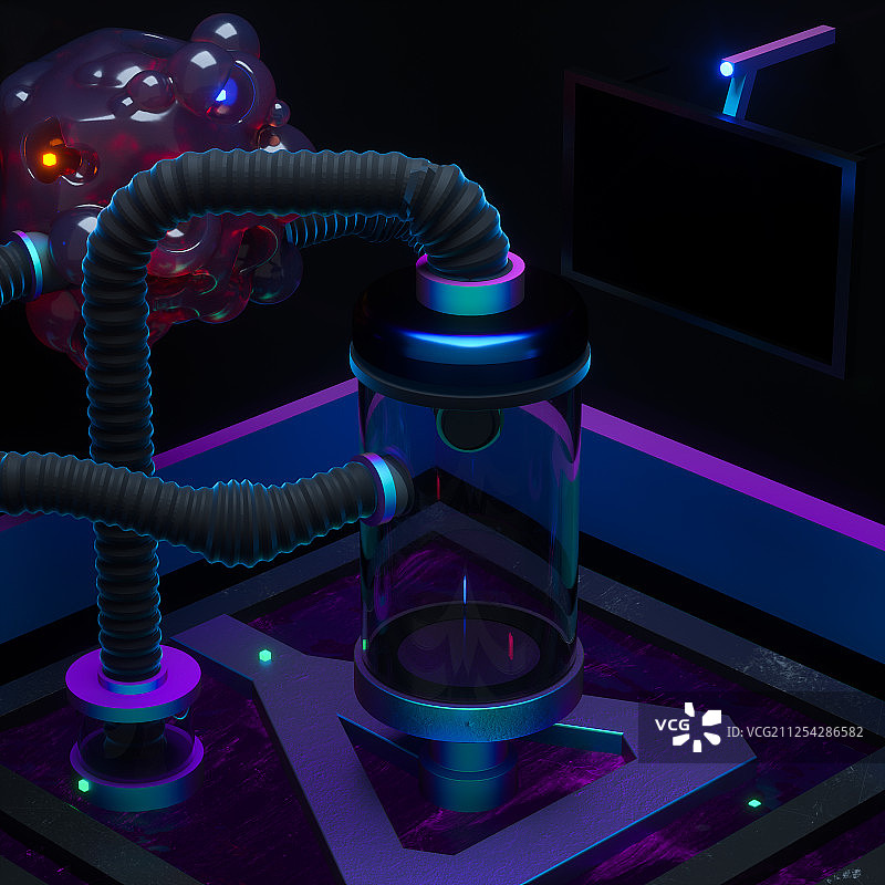 黑暗环境里的化学反应炉 三维渲染图片素材