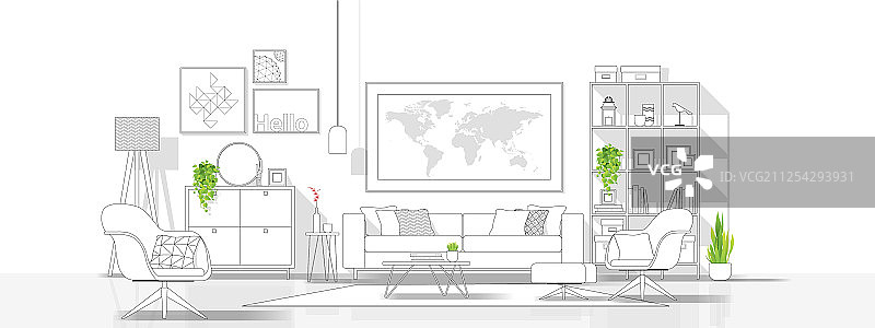 客厅黑白线条素描风格图片素材
