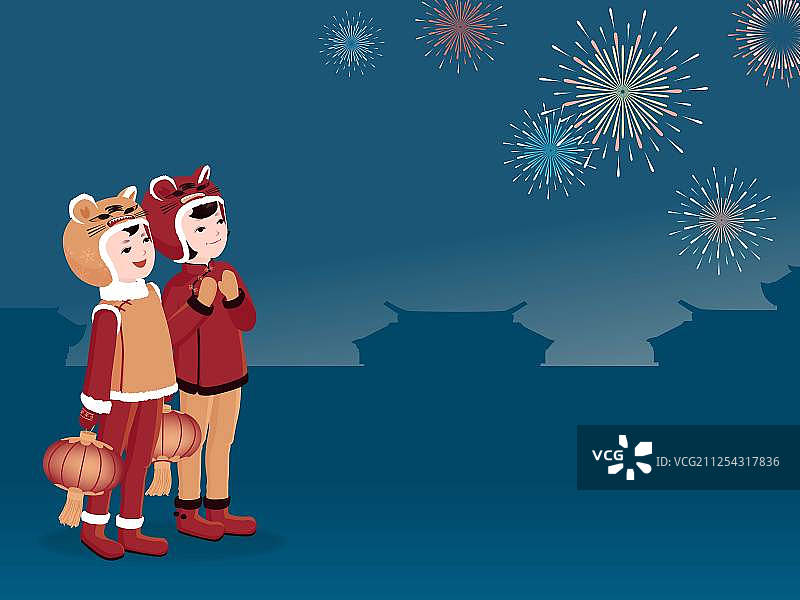 春节戴虎头帽儿童提灯笼看烟花年俗矢量图图片素材