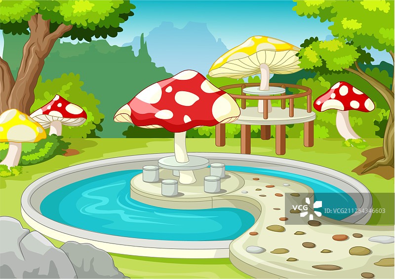 带水池和蘑菇建筑的凉爽公园图片素材