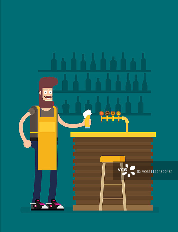 酒吧吧台，配有凳子和酒精饮料图片素材