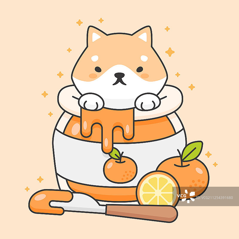 橙色果酱罐里的可爱柴犬图片素材