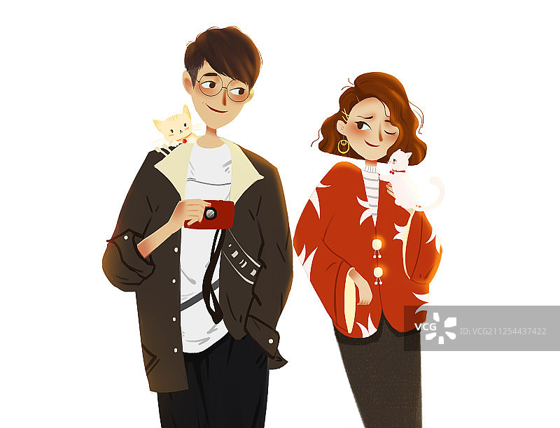 抱着猫的女孩和拿着相机的男孩情侣日常插画图片素材