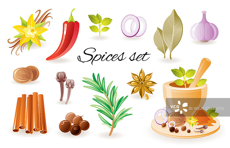 大蒜肉桂辣椒香料草药图标套装图片素材