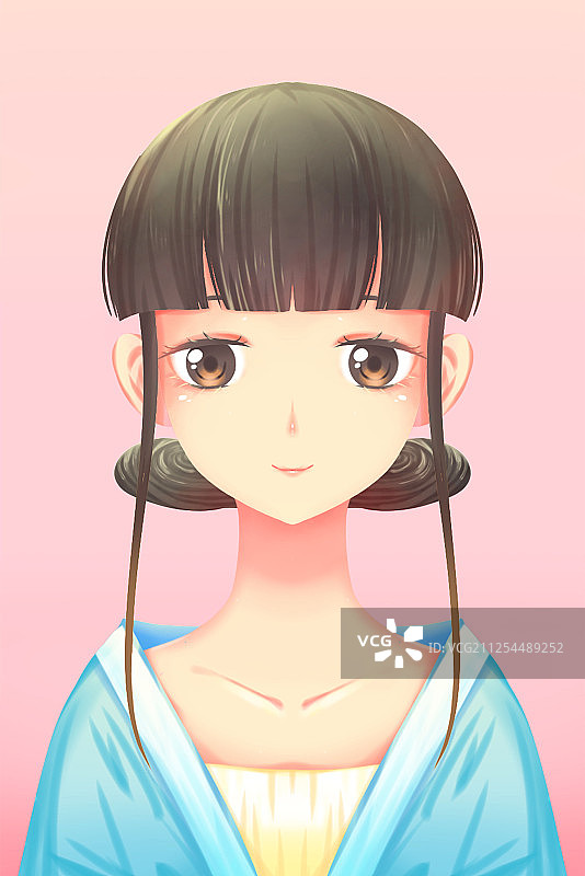 漂亮的少女有着一双美丽的黑眼睛，少女头像插画图片素材