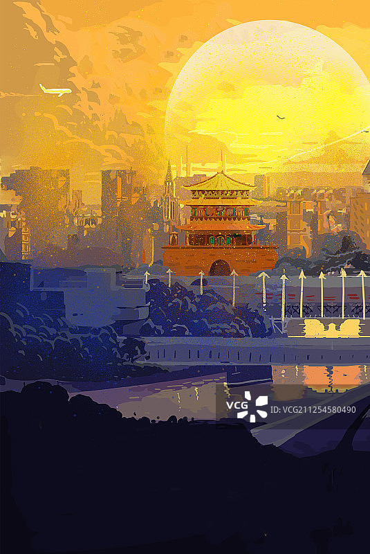 创意黄昏西安鼓楼插画图片素材