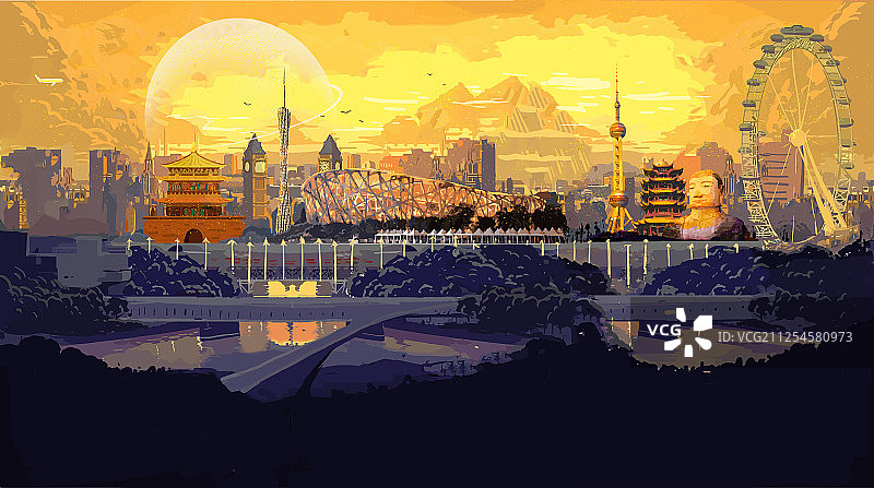 黄昏城市地平线景观插画图片素材