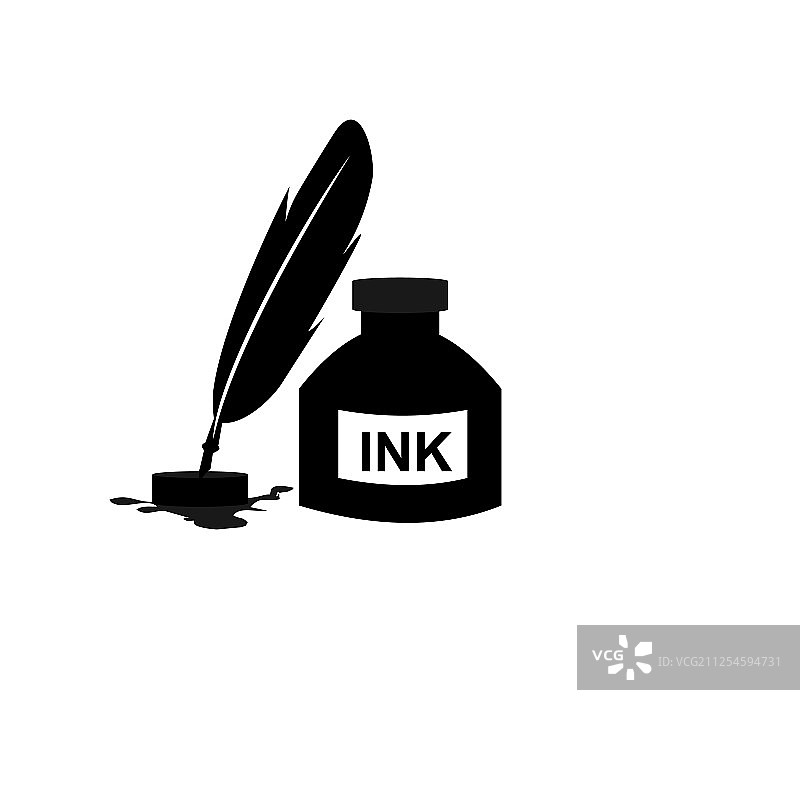 羽毛笔墨水和墨水瓶图标隔离标志图片素材